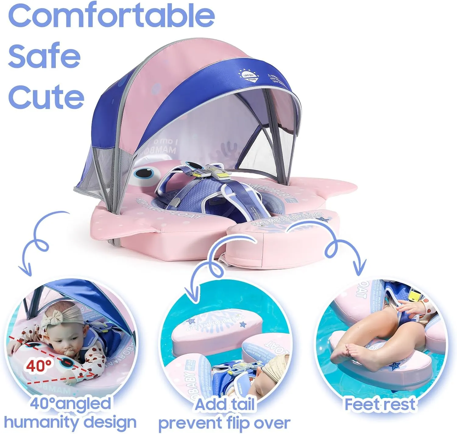 Mambobaby Float with Canopy & Portable Backpack Skin-friendly Baby Swim Float with Tail Waterproof Non-Inflatable Mambo Float Smart Swim Trainer Soft Solid Infant Pool Float 3-24 months Baby Swim Ring