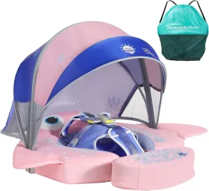 Mambobaby Float with Canopy & Portable Backpack Skin-friendly Baby Swim Float with Tail Waterproof Non-Inflatable Mambo Float Smart Swim Trainer Soft Solid Infant Pool Float 3-24 months Baby Swim Ring