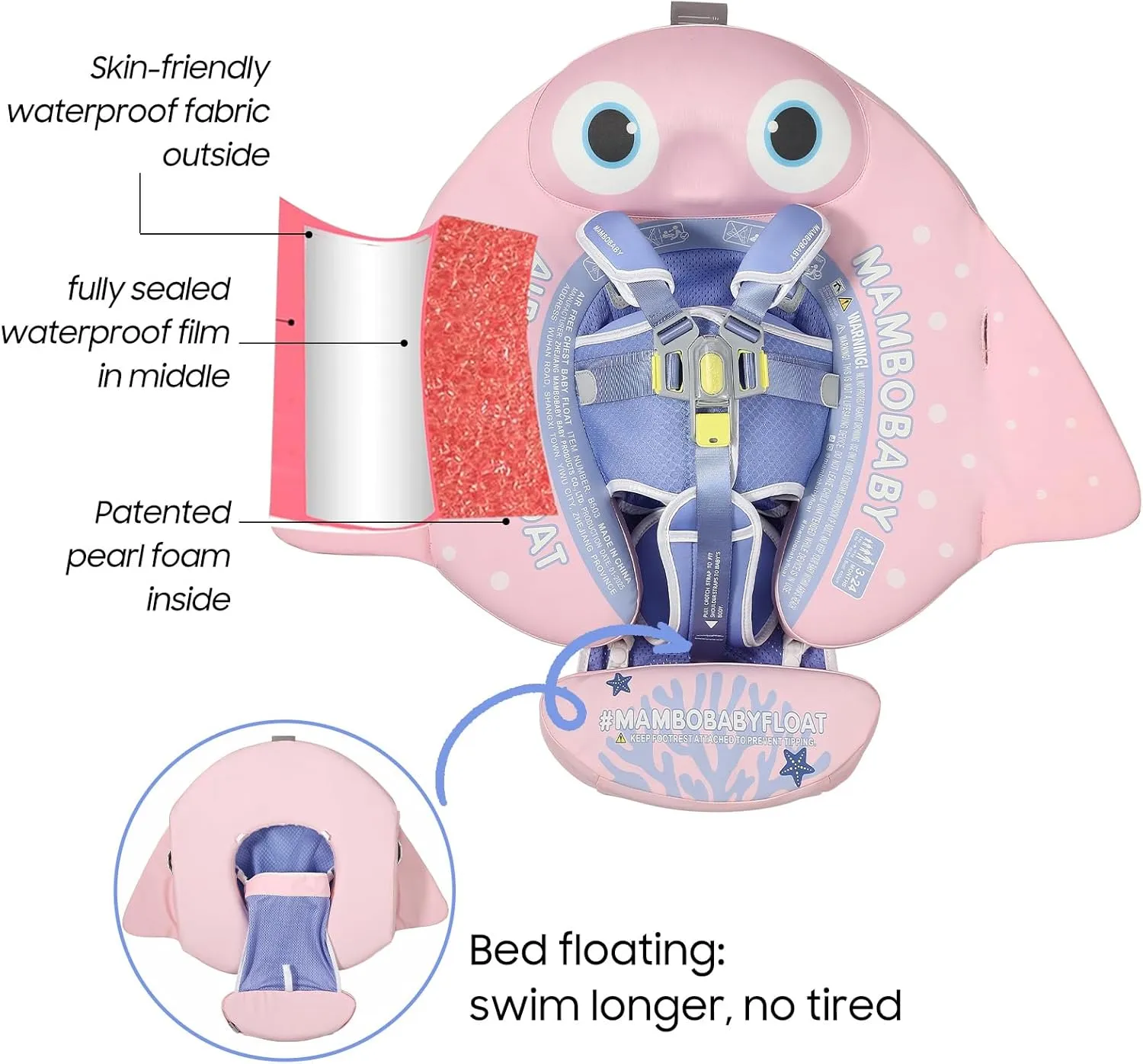 Mambobaby Float with Canopy & Portable Backpack Skin-friendly Baby Swim Float with Tail Waterproof Non-Inflatable Mambo Float Smart Swim Trainer Soft Solid Infant Pool Float 3-24 months Baby Swim Ring