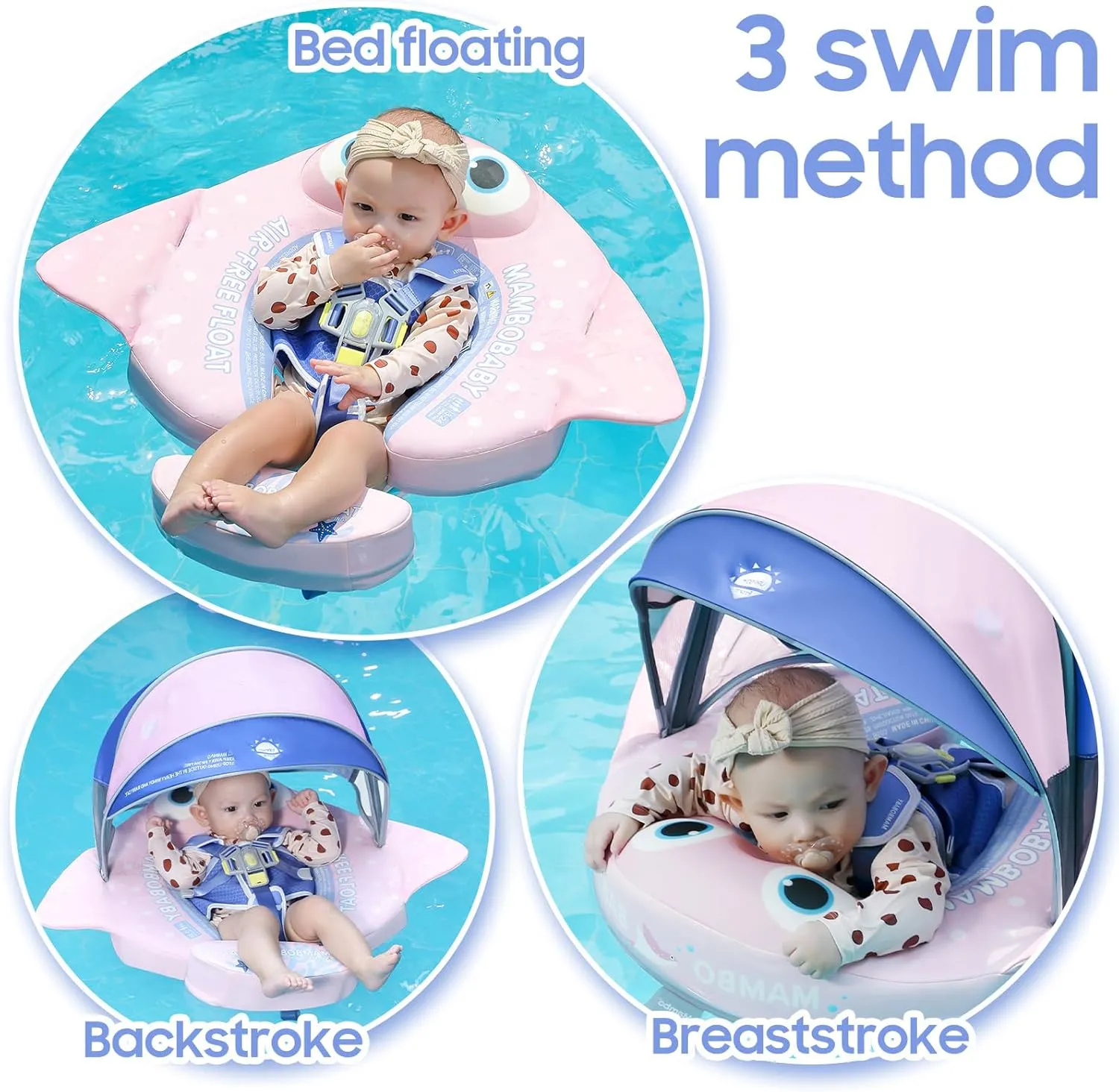 Mambobaby Float with Canopy & Portable Backpack Skin-friendly Baby Swim Float with Tail Waterproof Non-Inflatable Mambo Float Smart Swim Trainer Soft Solid Infant Pool Float 3-24 months Baby Swim Ring