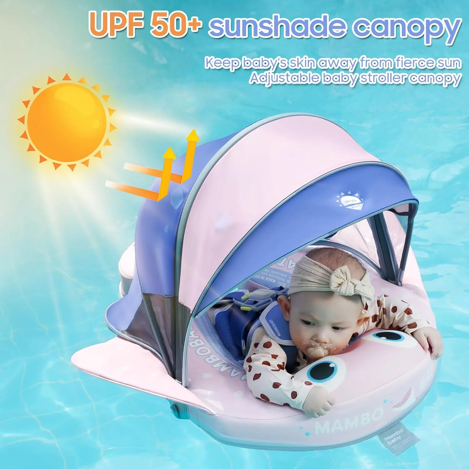 Mambobaby Float with Canopy & Portable Backpack Skin-friendly Baby Swim Float with Tail Waterproof Non-Inflatable Mambo Float Smart Swim Trainer Soft Solid Infant Pool Float 3-24 months Baby Swim Ring