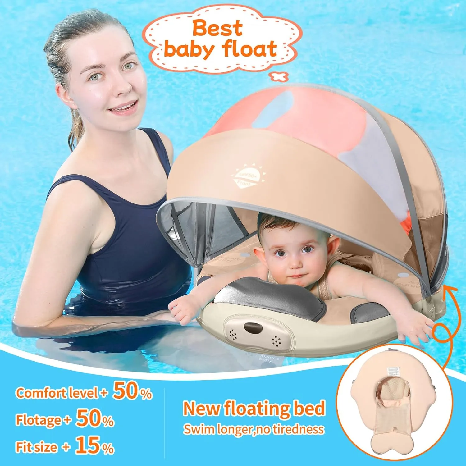 Mambobaby Float with Canopy and Tail New Upgraded Non-Inflatable Baby Pool Float Mambo Float Swim Trainer Solid Infant Swim Float Adjustable Pearl Foam Baby Swim Ring