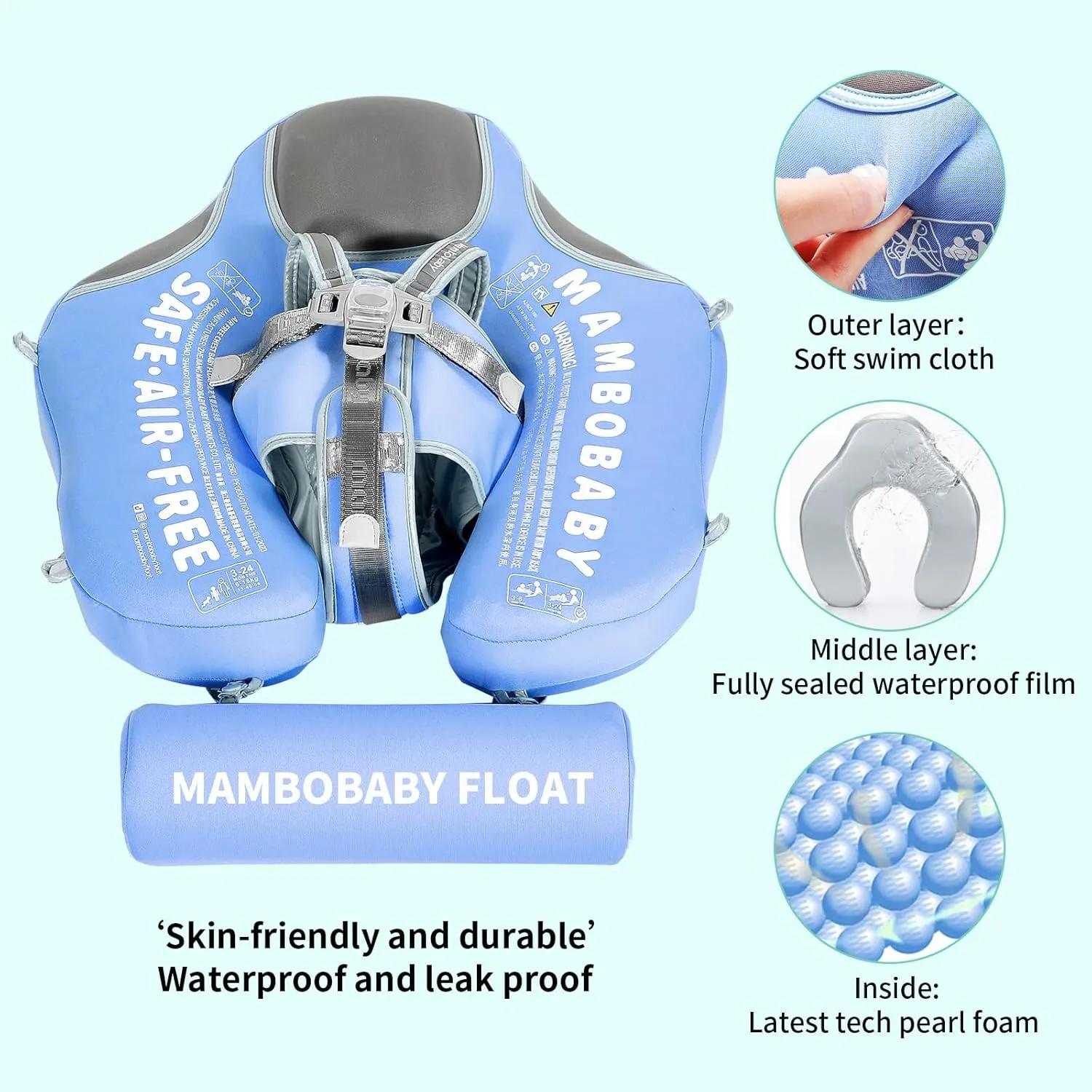 Mambobaby Float with Canopy and Tail New Upgraded Non-Inflatable Baby Pool Float Mambo Float Swim Trainer Solid Infant Swim Float Adjustable Pearl Foam Baby Swim Ring
