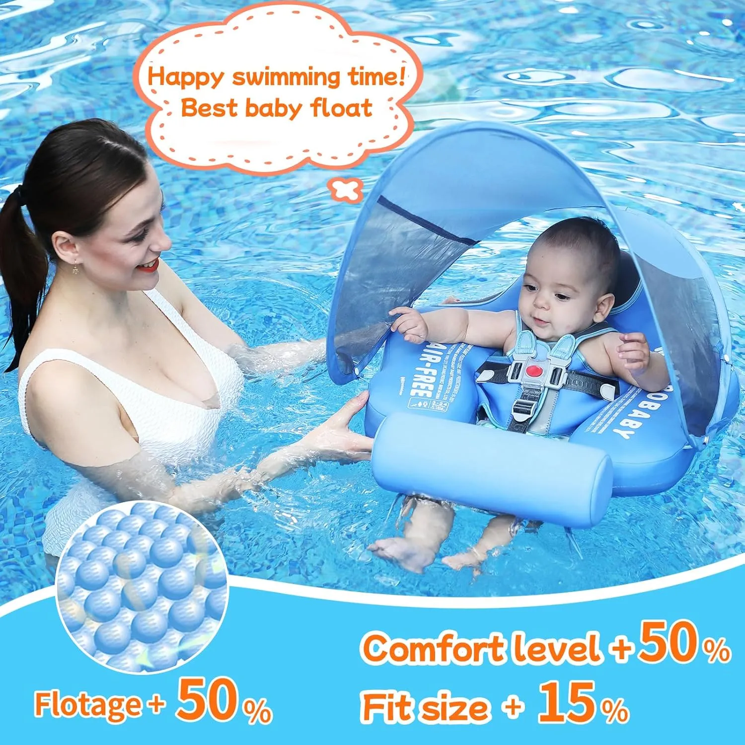Mambobaby Float with Canopy and Tail New Upgraded Non-Inflatable Baby Pool Float Mambo Float Swim Trainer Solid Infant Swim Float Adjustable Pearl Foam Baby Swim Ring