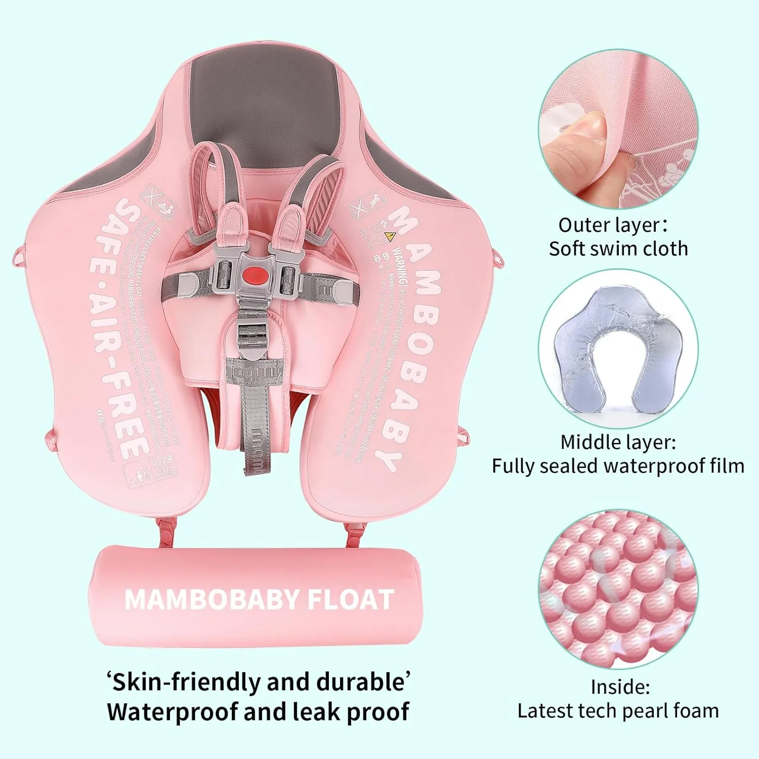 Mambobaby Float with Canopy and Tail New Upgraded Non-Inflatable Baby Pool Float Mambo Float Swim Trainer Solid Infant Swim Float Adjustable Pearl Foam Baby Swim Ring