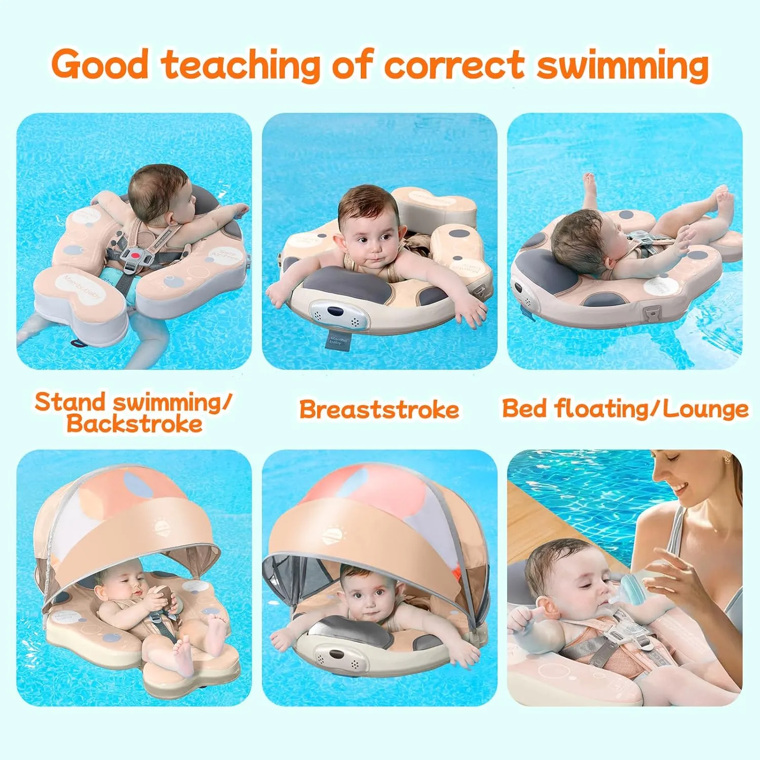 Mambobaby Float with Canopy and Tail New Upgraded Non-Inflatable Baby Pool Float Mambo Float Swim Trainer Solid Infant Swim Float Adjustable Pearl Foam Baby Swim Ring