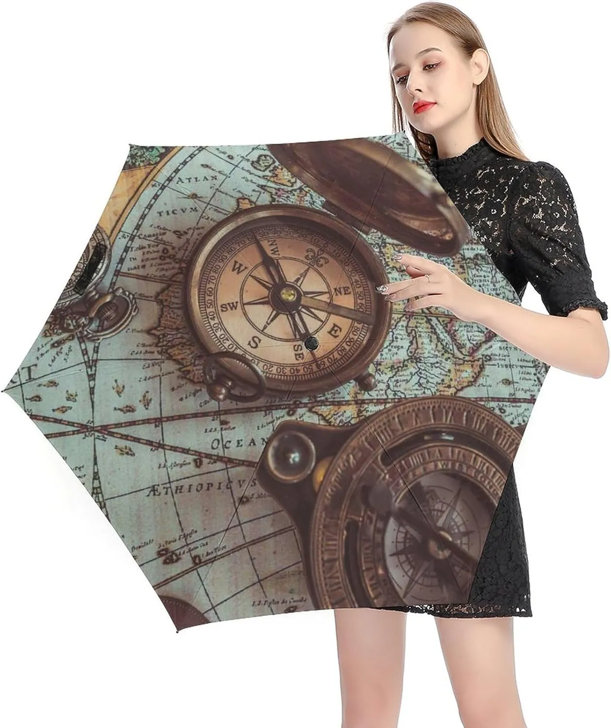 Manual Strong Open/Close Umbrella, Rain Folding Umbrella 5-Fold 6 Ribs Outer Print Travel Sun Parasol