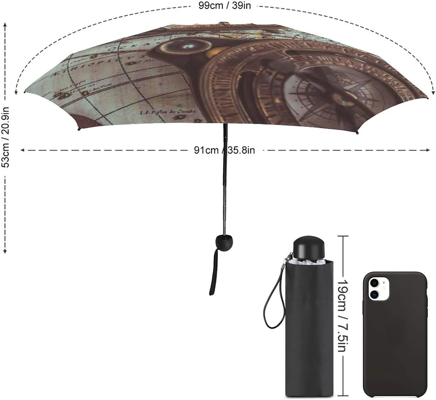 Manual Strong Open/Close Umbrella, Rain Folding Umbrella 5-Fold 6 Ribs Outer Print Travel Sun Parasol