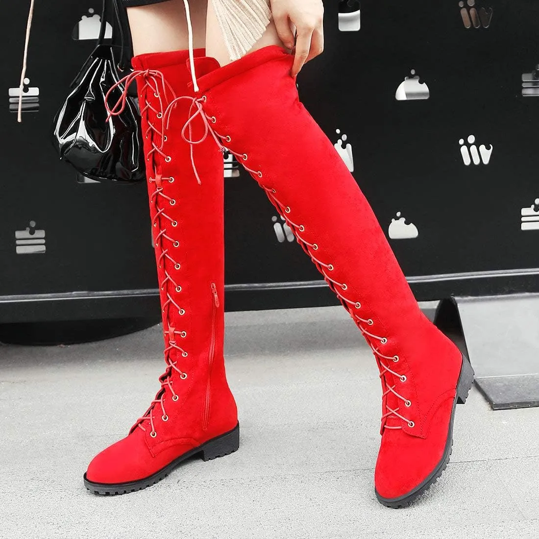 MAVMAX Women's Flat Lace up Thigh High Combat Low Heel Over The Knee Boots