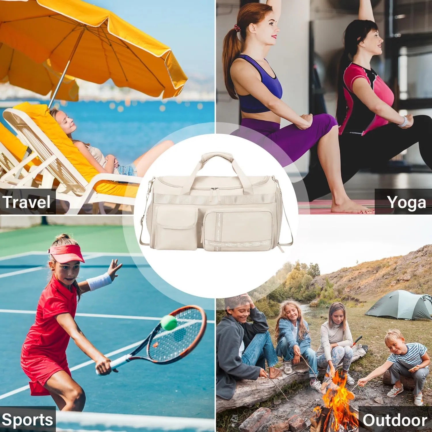 MAXTOP Beige Gym Bag for Women Fashion Yoga Workout Travel Duffle Bag Lightweight Carry On Tote with Shoe Compartment Casual Weekender Bag