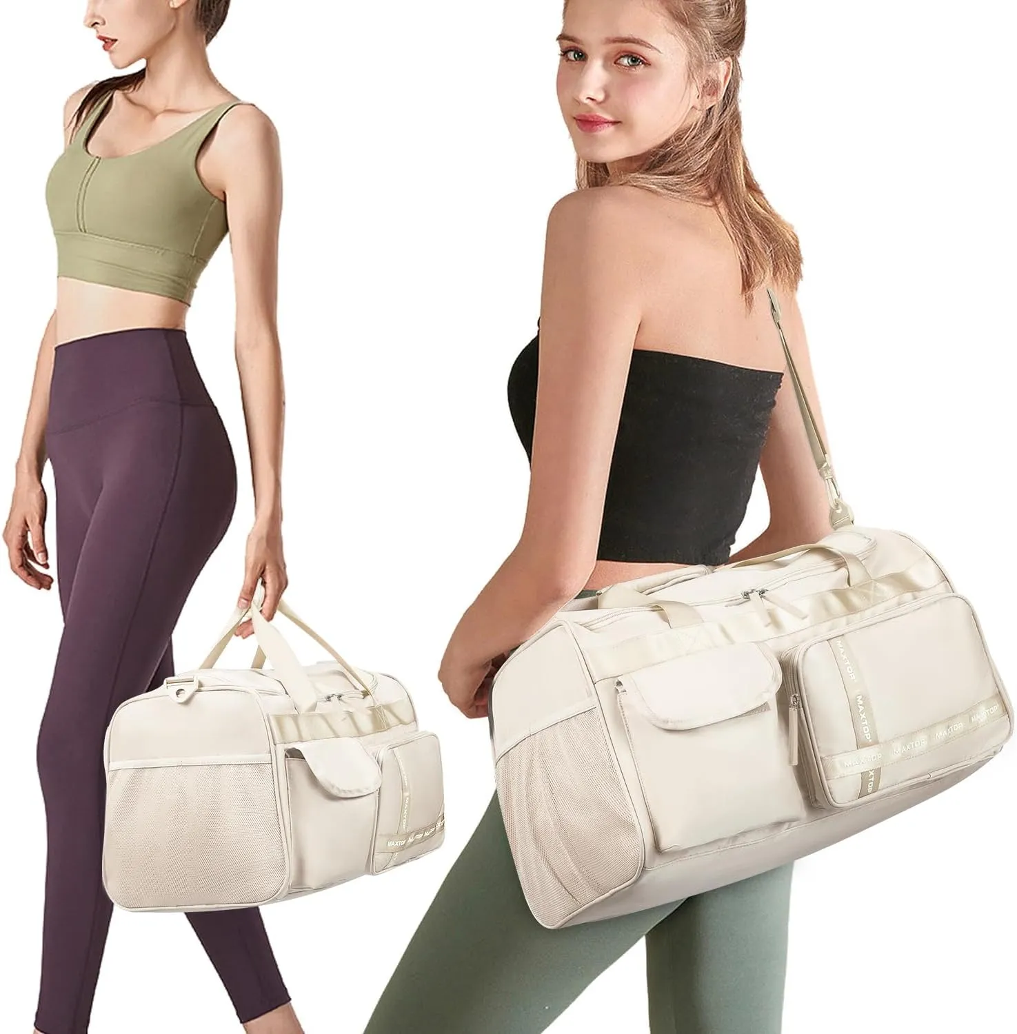 MAXTOP Beige Gym Bag for Women Fashion Yoga Workout Travel Duffle Bag Lightweight Carry On Tote with Shoe Compartment Casual Weekender Bag