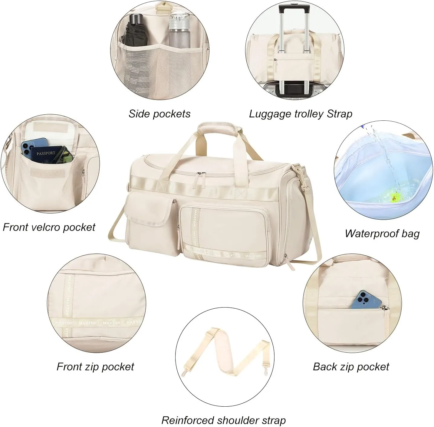 MAXTOP Beige Gym Bag for Women Fashion Yoga Workout Travel Duffle Bag Lightweight Carry On Tote with Shoe Compartment Casual Weekender Bag