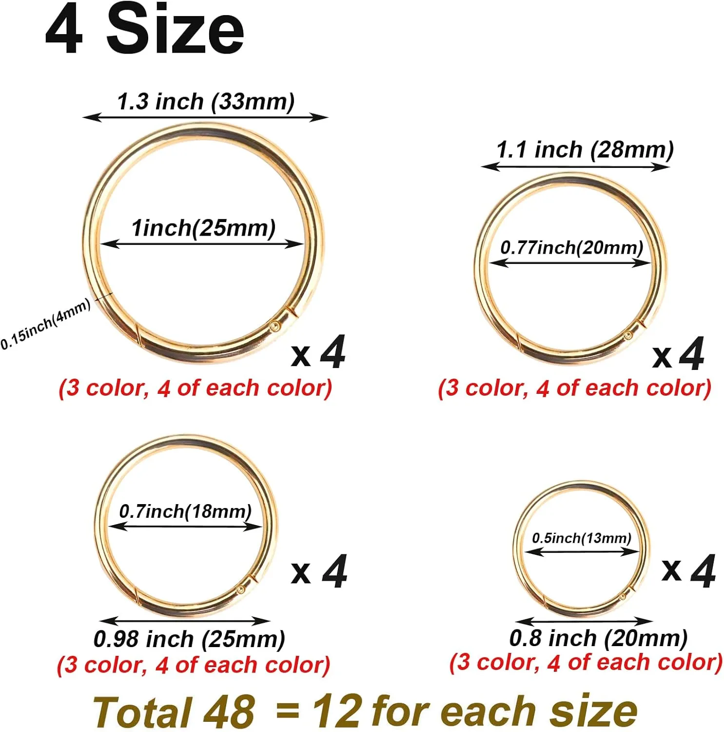 Maydahui 48 Pcs Spring O Ring Zinc Alloy Spring Clip 4 Size (0.8,0.98,1.1,1.3 Inch) 3 Colors Round Carabiner Snap Hook Key Ring Circle Trigger Rings Multi-Purpose for Handbag Purse Dog Leashes