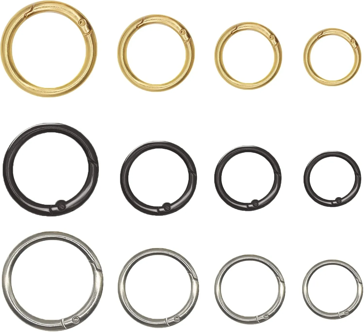Maydahui 48 Pcs Spring O Ring Zinc Alloy Spring Clip 4 Size (0.8,0.98,1.1,1.3 Inch) 3 Colors Round Carabiner Snap Hook Key Ring Circle Trigger Rings Multi-Purpose for Handbag Purse Dog Leashes