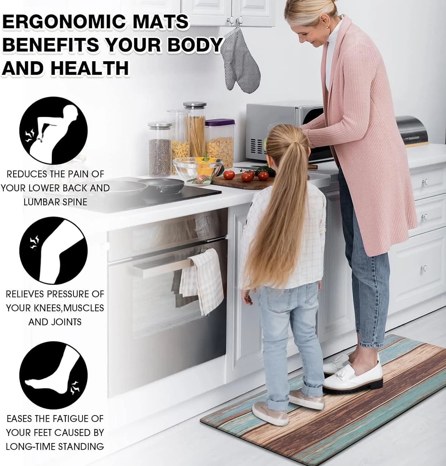MAYHMYO Kitchen Rug and Mat Teal Farmhouse Anti Fatigue Mat PVC Non Slip Retro Rustic Wood Texture Kitchen Mat for Floor, Bathroom, Desk, Runner, Laundry,17.3 x 29 x 0.4 inch