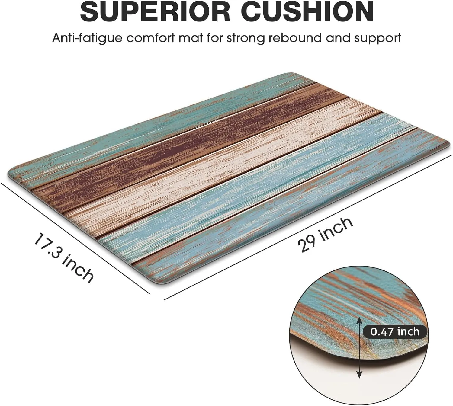 MAYHMYO Kitchen Rug and Mat Teal Farmhouse Anti Fatigue Mat PVC Non Slip Retro Rustic Wood Texture Kitchen Mat for Floor, Bathroom, Desk, Runner, Laundry,17.3 x 29 x 0.4 inch