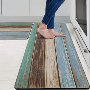 MAYHMYO Kitchen Rugs and Mats Set of 2 Teal Farmhouse Anti Fatigue Mat PVC Non Slip Retro Rustic Wood Texture Kitchen Mats for Floor,17.3 x 29 x 0.4 inch   17.3 x 47 x 0.4 inch