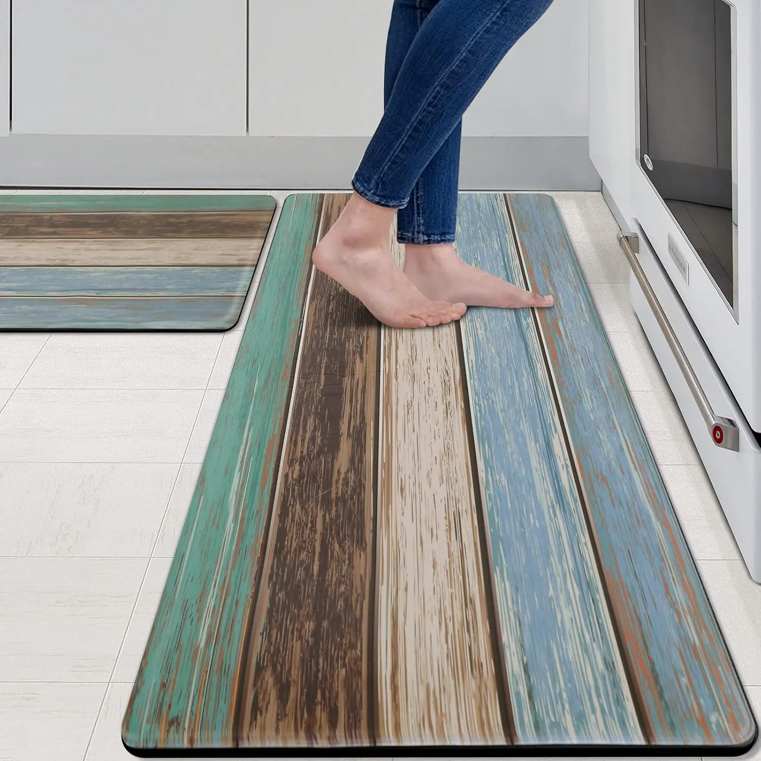 MAYHMYO Kitchen Rugs and Mats Set of 2 Teal Farmhouse Anti Fatigue Mat PVC Non Slip Retro Rustic Wood Texture Kitchen Mats for Floor,17.3 x 29 x 0.4 inch   17.3 x 47 x 0.4 inch