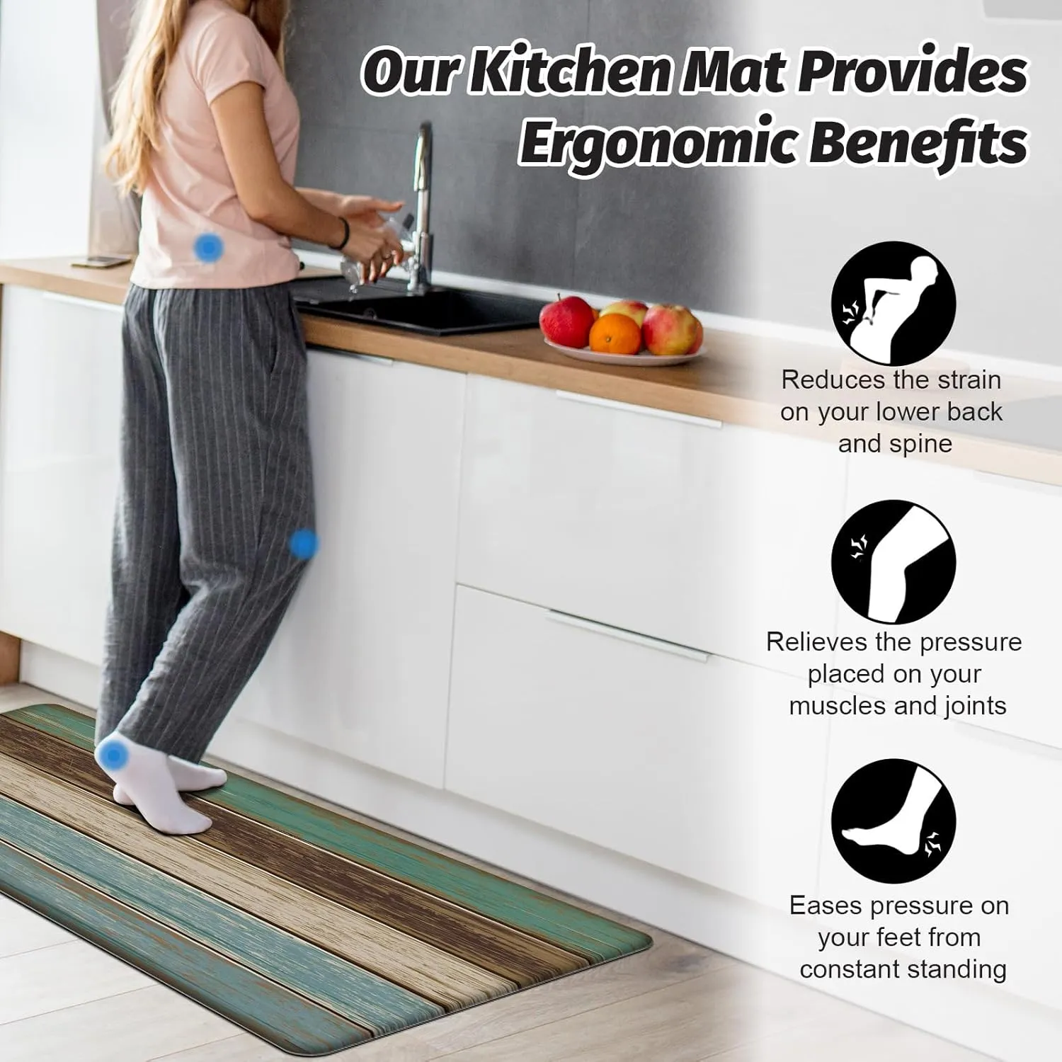 MAYHMYO Kitchen Rugs and Mats Set of 2 Teal Farmhouse Anti Fatigue Mat PVC Non Slip Retro Rustic Wood Texture Kitchen Mats for Floor,17.3 x 29 x 0.4 inch   17.3 x 47 x 0.4 inch