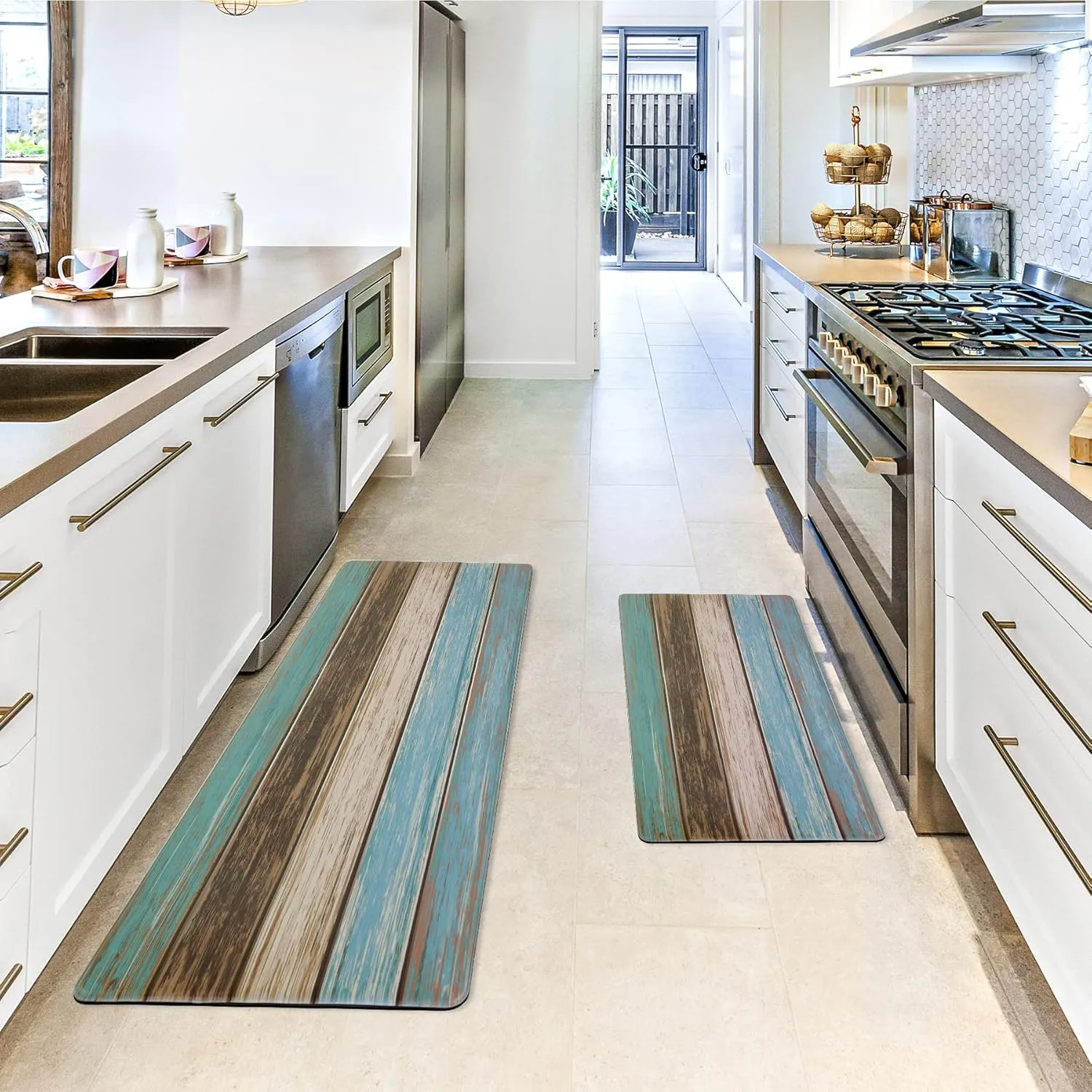 MAYHMYO Kitchen Rugs and Mats Set of 2 Teal Farmhouse Anti Fatigue Mat PVC Non Slip Retro Rustic Wood Texture Kitchen Mats for Floor,17.3 x 29 x 0.4 inch   17.3 x 47 x 0.4 inch