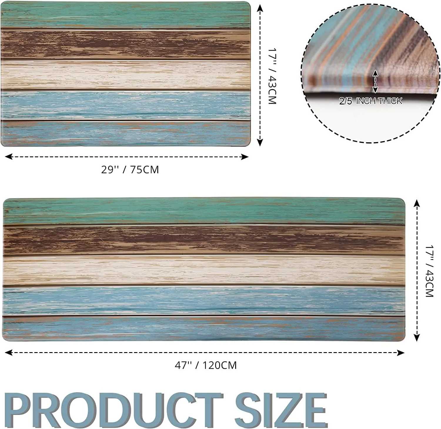 MAYHMYO Kitchen Rugs and Mats Set of 2 Teal Farmhouse Anti Fatigue Mat PVC Non Slip Retro Rustic Wood Texture Kitchen Mats for Floor,17.3 x 29 x 0.4 inch   17.3 x 47 x 0.4 inch