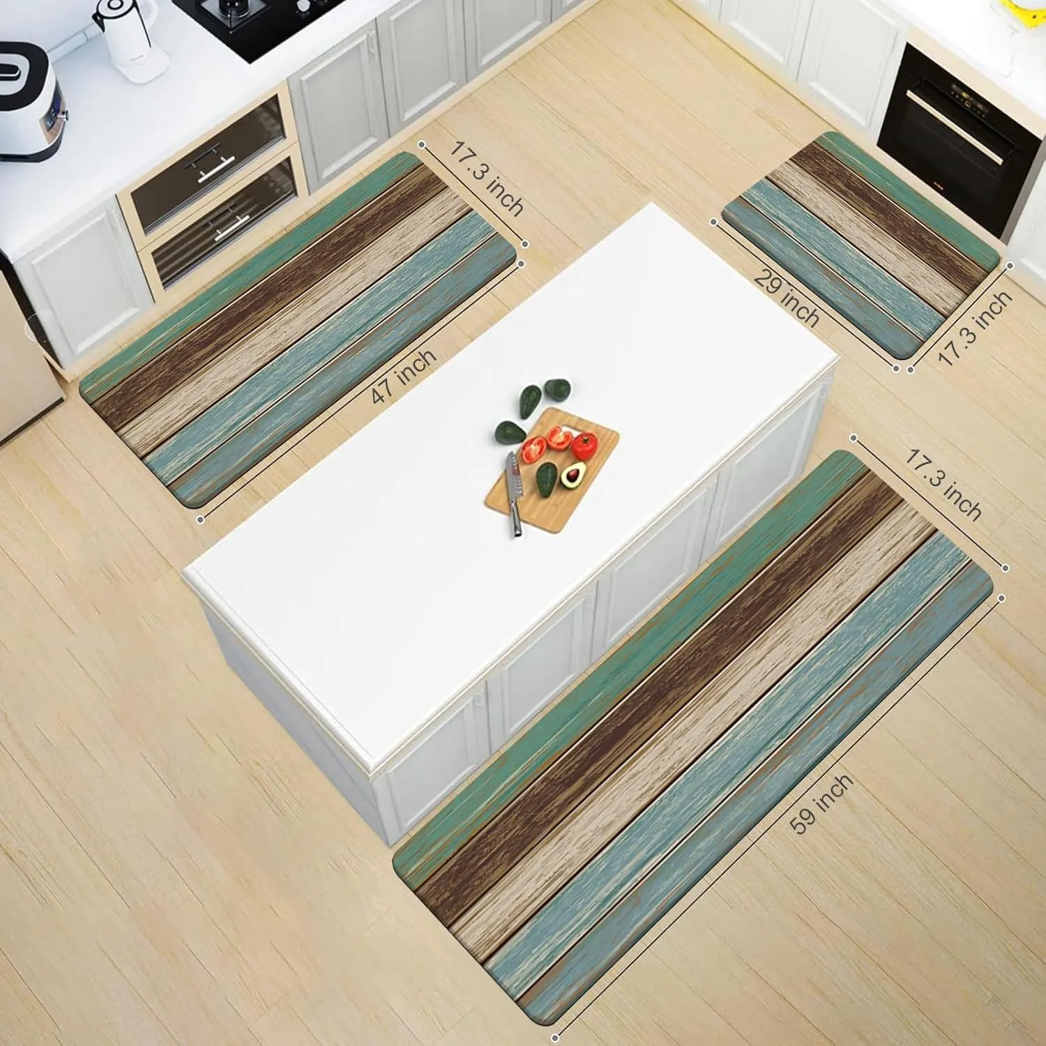 MAYHMYO Kitchen Rugs and Mats Set of 2 Teal Farmhouse Anti Fatigue Mat PVC Non Slip Retro Rustic Wood Texture Kitchen Mats for Floor,17.3 x 29 x 0.4 inch   17.3 x 47 x 0.4 inch