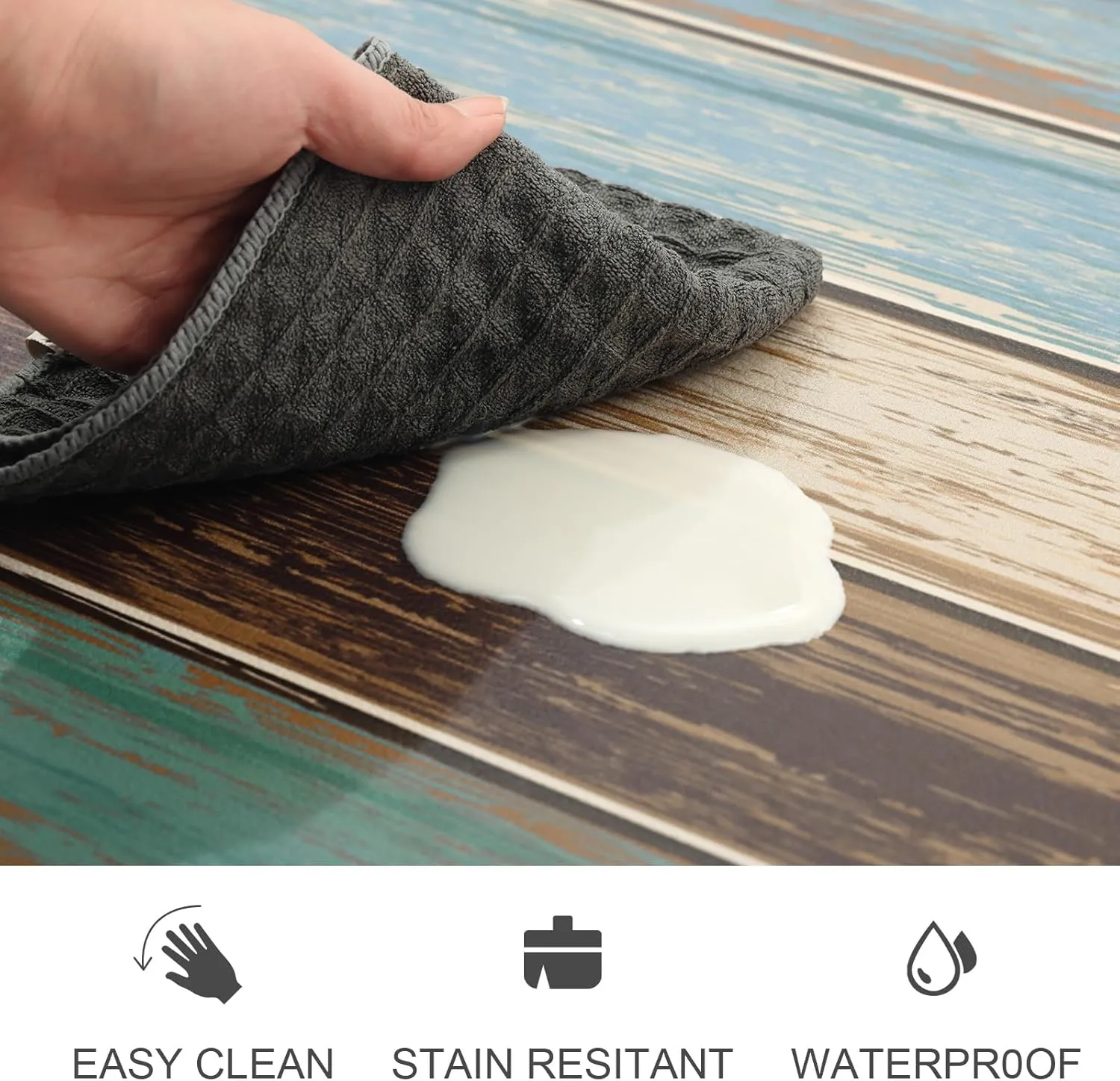 MAYHMYO Kitchen Rugs and Mats Set of 2 Teal Farmhouse Anti Fatigue Mat PVC Non Slip Retro Rustic Wood Texture Kitchen Mats for Floor,17.3 x 29 x 0.4 inch   17.3 x 47 x 0.4 inch