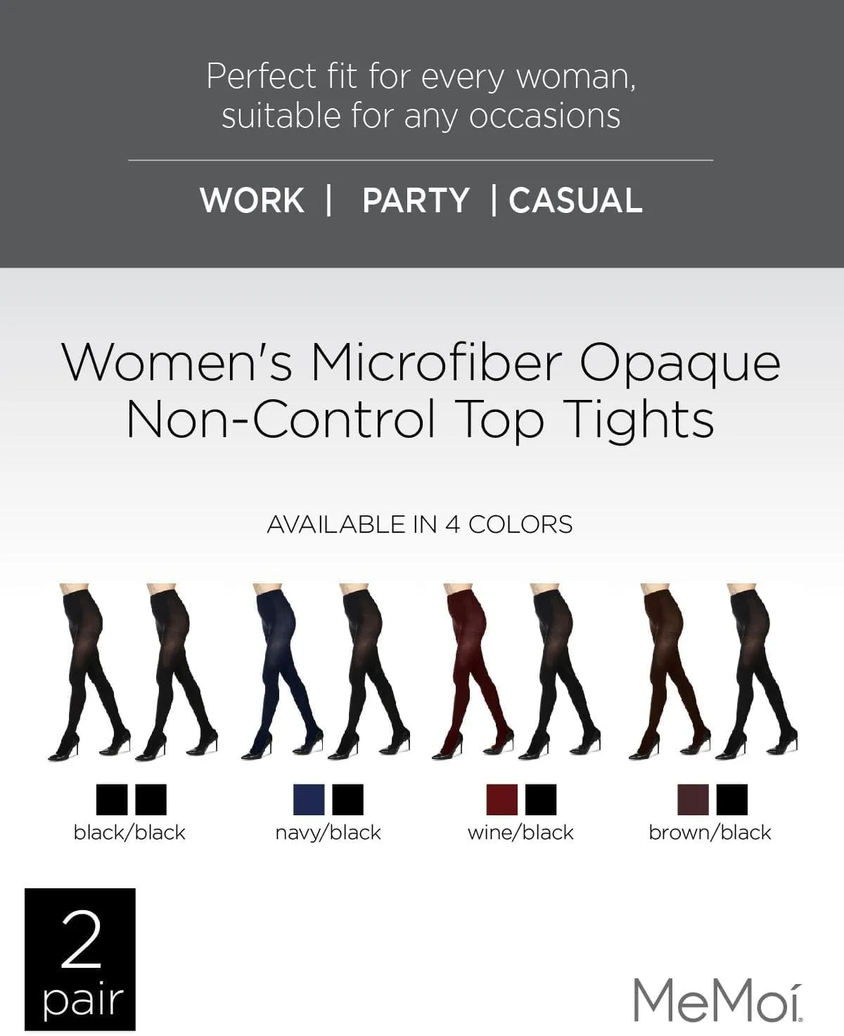 MeMoi 2 Pack Microfiber Opaque Tights, Non-Control Top Tights for Women, Breathable Nylon Blend - Sizes Small to Q2