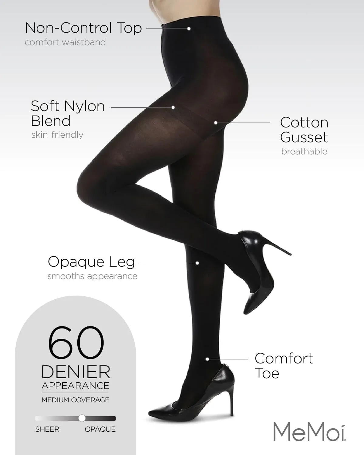 MeMoi 2 Pack Microfiber Opaque Tights, Non-Control Top Tights for Women, Breathable Nylon Blend - Sizes Small to Q2