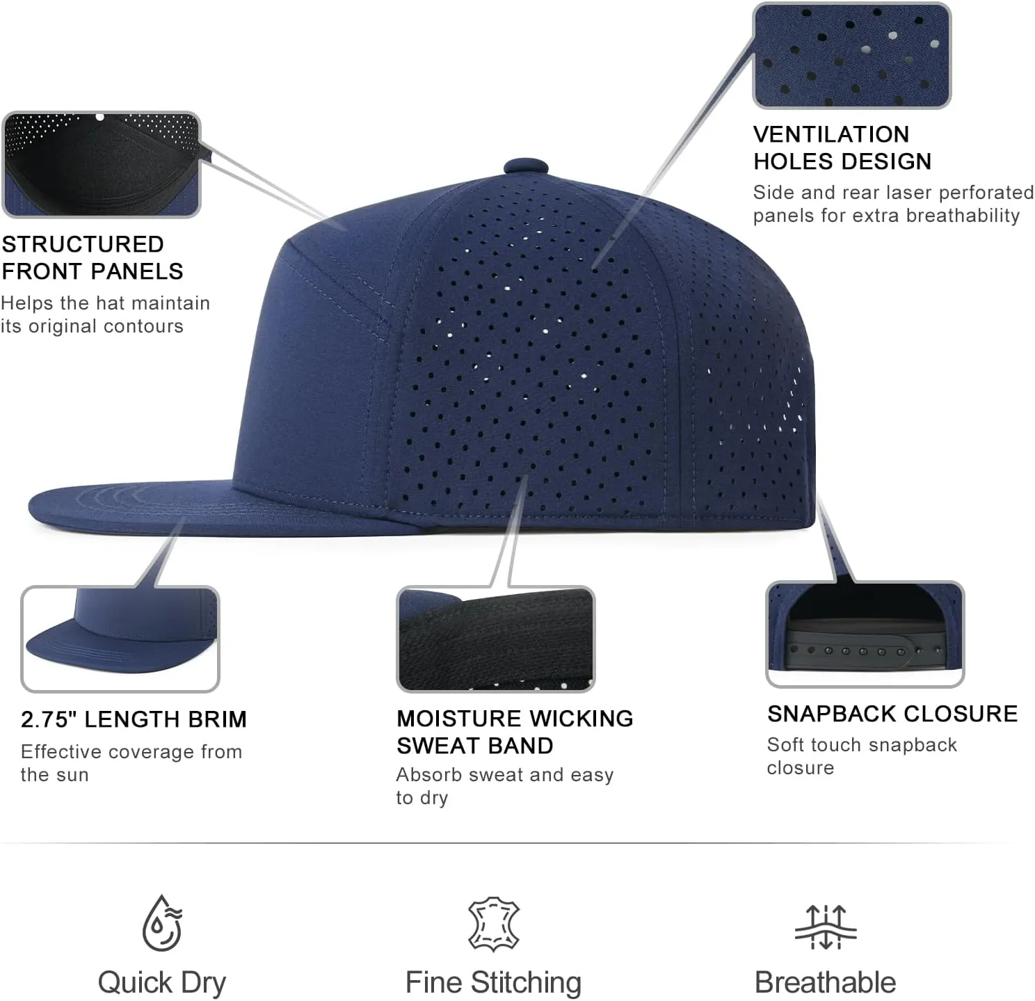 Men Flat Brim Adjustable Performance Hat Snapback Laser Perforated Baseball Cap
