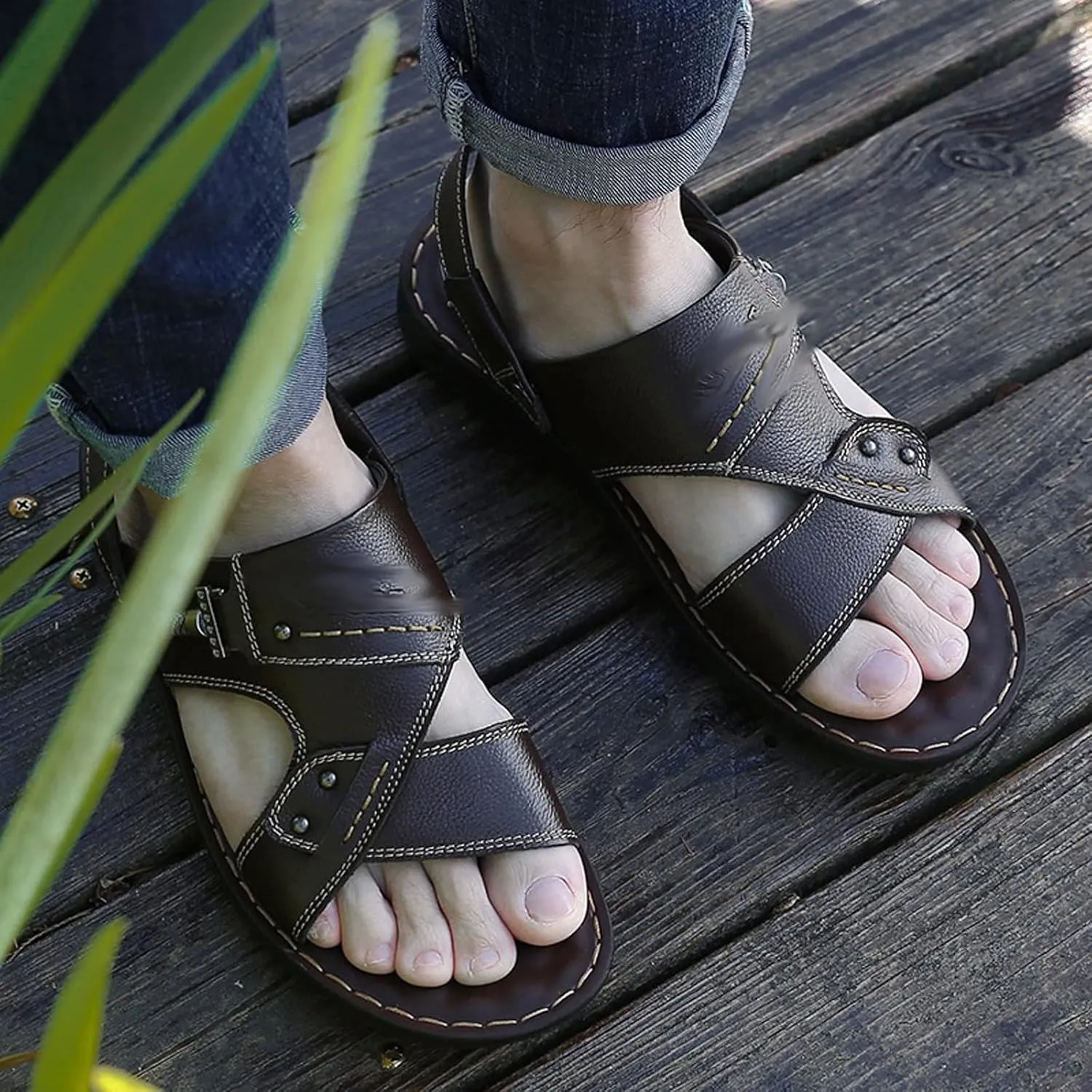 Men ls Summer Men ls Breathable Flat Non-slip Man Genuine Leather Footwear Outside Casual Solid Male Beach Shoes
