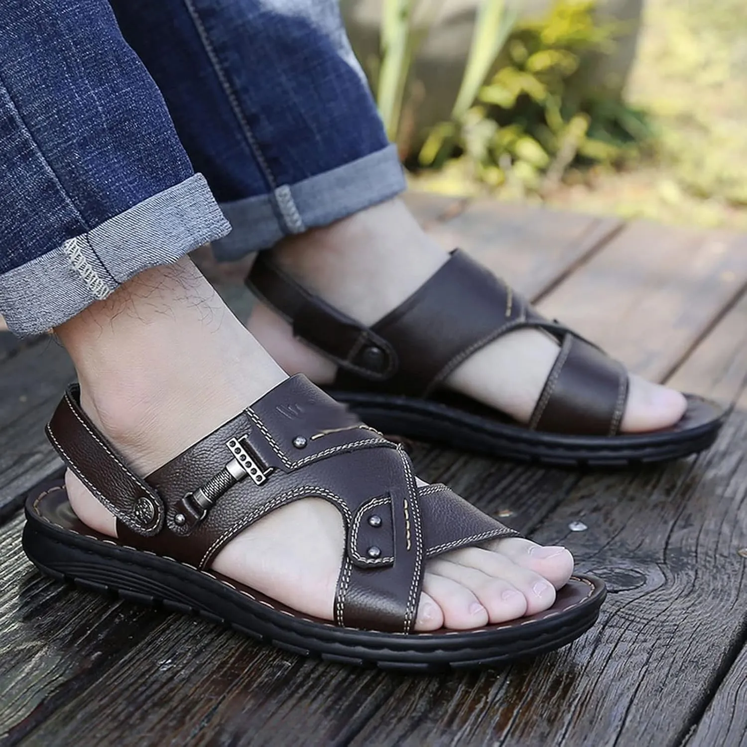 Men ls Summer Men ls Breathable Flat Non-slip Man Genuine Leather Footwear Outside Casual Solid Male Beach Shoes