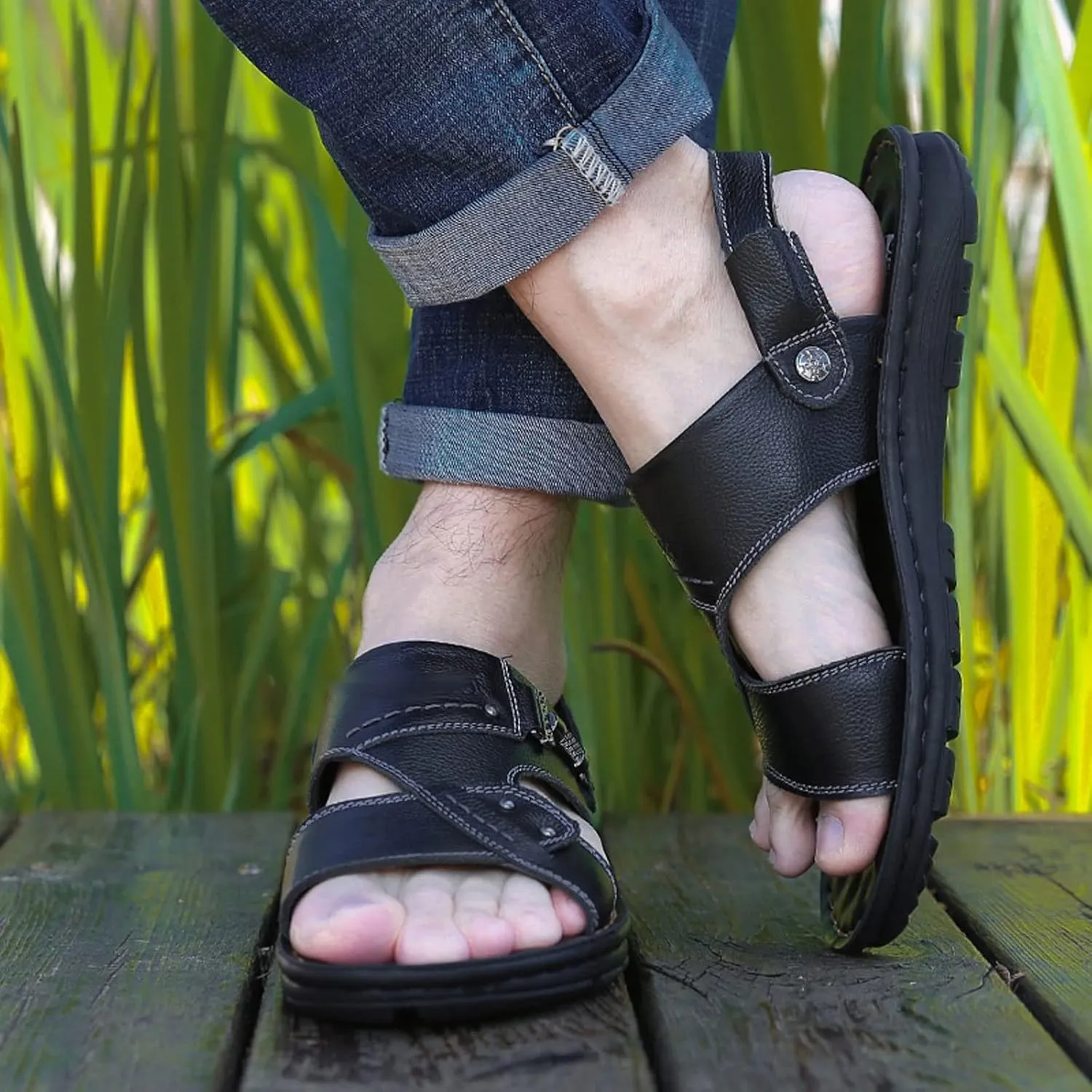 Men ls Summer Men ls Breathable Flat Non-slip Man Genuine Leather Footwear Outside Casual Solid Male Beach Shoes