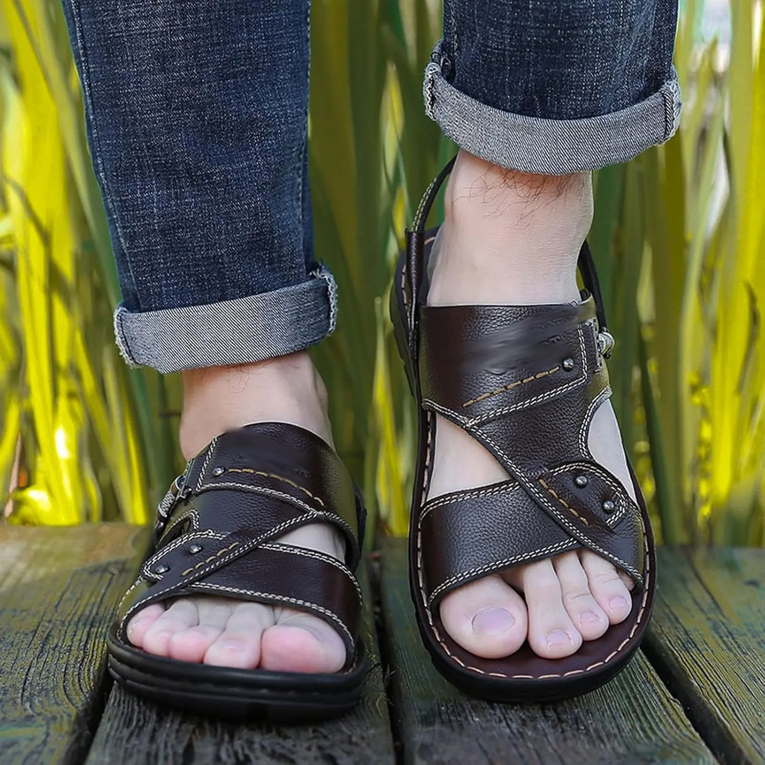 Men ls Summer Men ls Breathable Flat Non-slip Man Genuine Leather Footwear Outside Casual Solid Male Beach Shoes