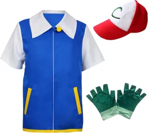 Men Women Blue Trainer Ash Ketchum Cosplay Costume Jacket Shirt Gloves Hat Set Halloween Outfit