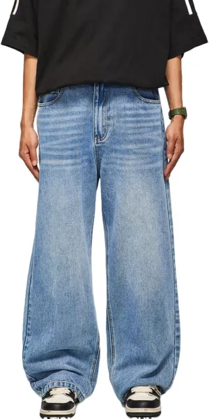 Mens Baggy Jeans Y2k Skater Vintage Plain Pants Casual Wide Leg Loose Fit Denim Hip Hop Jean