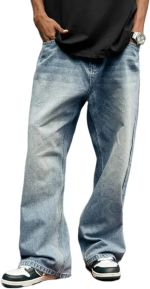 Mens Baggy Jeans Y2k Skater Vintage Plain Pants Casual Wide Leg Loose Fit Denim Hip Hop Jean