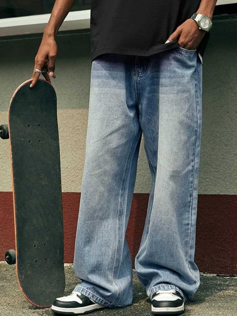 Mens Baggy Jeans Y2k Skater Vintage Plain Pants Casual Wide Leg Loose Fit Denim Hip Hop Jean