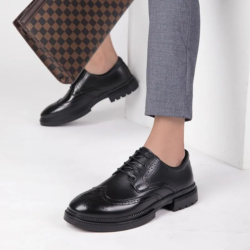 Men's Brogue Oxfords Shoes - Fashion Slip-On Round Anti-Slip Mid Chunky Heels for Work & Dress