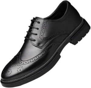 Men's Brogue Oxfords Shoes - Fashion Slip-On Round Anti-Slip Mid Chunky Heels for Work & Dress