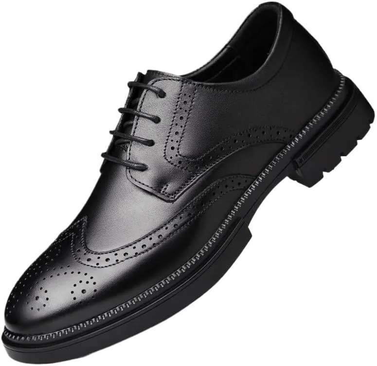 Men's Brogue Oxfords Shoes - Fashion Slip-On Round Anti-Slip Mid Chunky Heels for Work & Dress