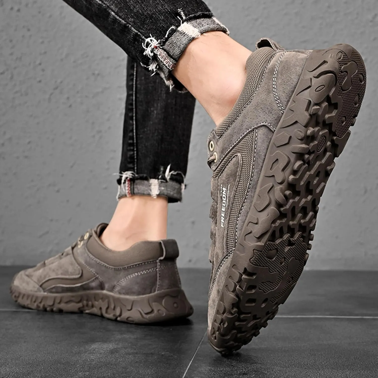 Men's Classic Outdoor Low-Top Suede Drawstring Sneakers,Summer Breathable Mesh Non-Slip Lightweight Casual Slip-on Sports Trail Shoes for Hiking & Walking
