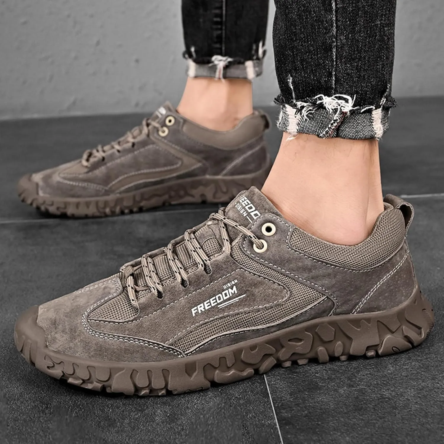 Men's Classic Outdoor Low-Top Suede Drawstring Sneakers,Summer Breathable Mesh Non-Slip Lightweight Casual Slip-on Sports Trail Shoes for Hiking & Walking
