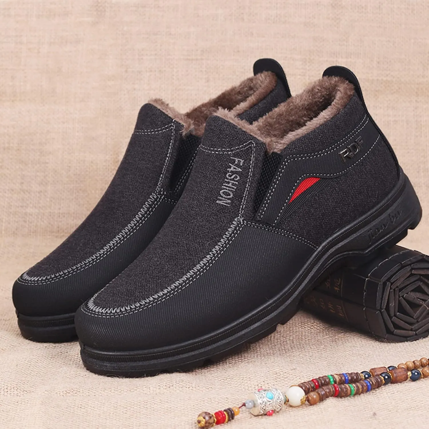 Men's Classic Plush Warm Boots Slip On Ankle Boots Fleece Lined Insulated Winter Boots Comfort Flat Mens Shoes Comfort