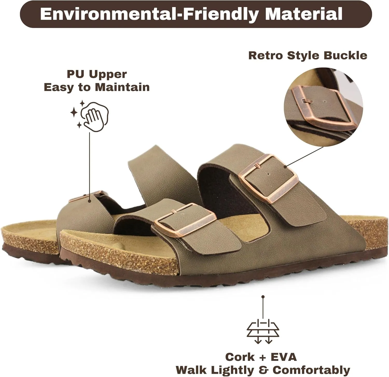 Men's Cork Footbed Slide Sandals, Arch Support Adjustable Buckle Cushioned Sandals, Comfy Summer Essentials