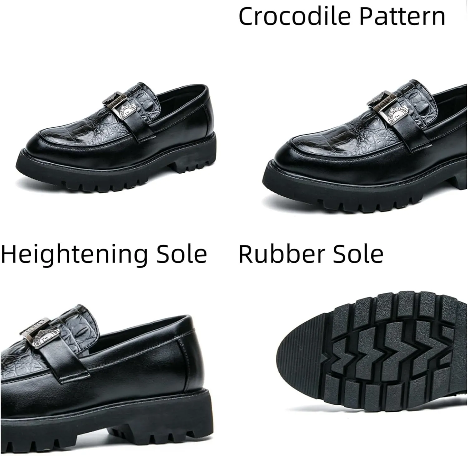 Mens Crocodile Pattern Leather Slip-On Dress Loafers Classical Casual Log Sole Non Slip Platform Penny Shoe for Formal Business Wedding