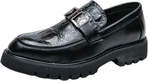 Mens Crocodile Pattern Leather Slip-On Dress Loafers Classical Casual Log Sole Non Slip Platform Penny Shoe for Formal Business Wedding