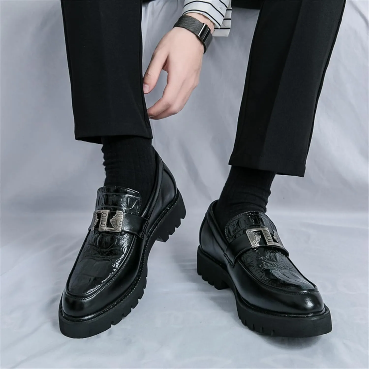 Mens Crocodile Pattern Leather Slip-On Dress Loafers Classical Casual Log Sole Non Slip Platform Penny Shoe for Formal Business Wedding