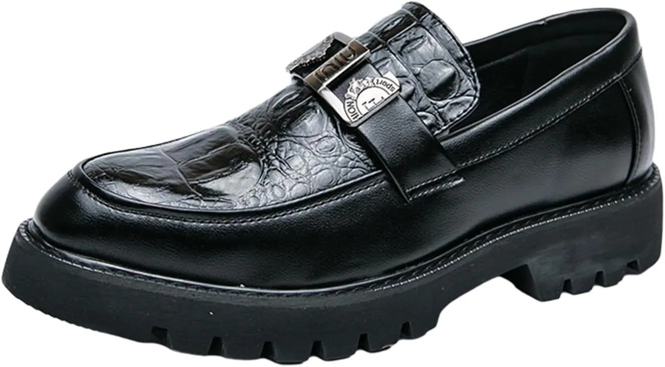 Mens Crocodile Pattern Leather Slip-On Dress Loafers Classical Casual Log Sole Non Slip Platform Penny Shoe for Formal Business Wedding