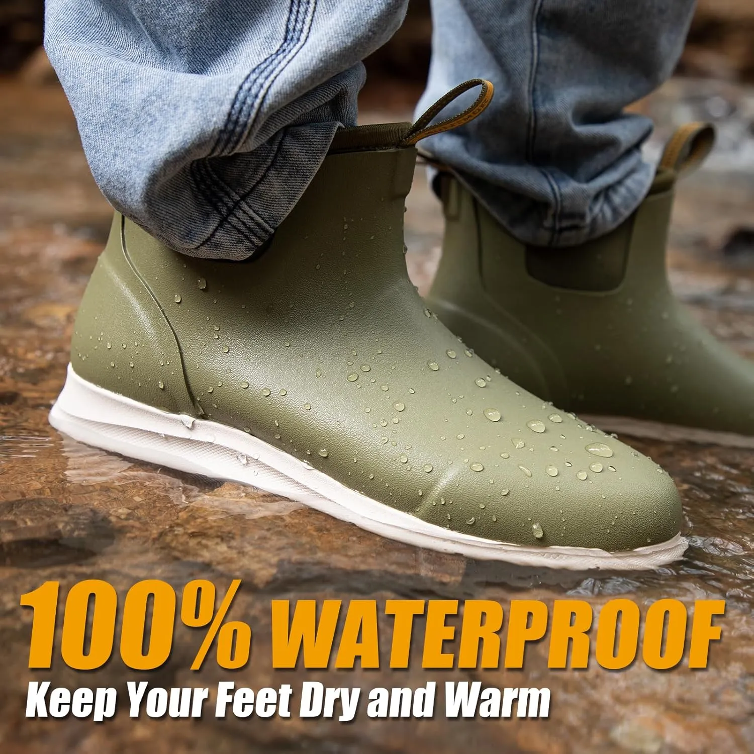 Men's Deck Boots, Lightweight Waterproof Fishing Rain Boots, Anti-Slip Rubber Shoes with Breathable 3mm Neoprene Lining Fishing, Boating, Size 7-14